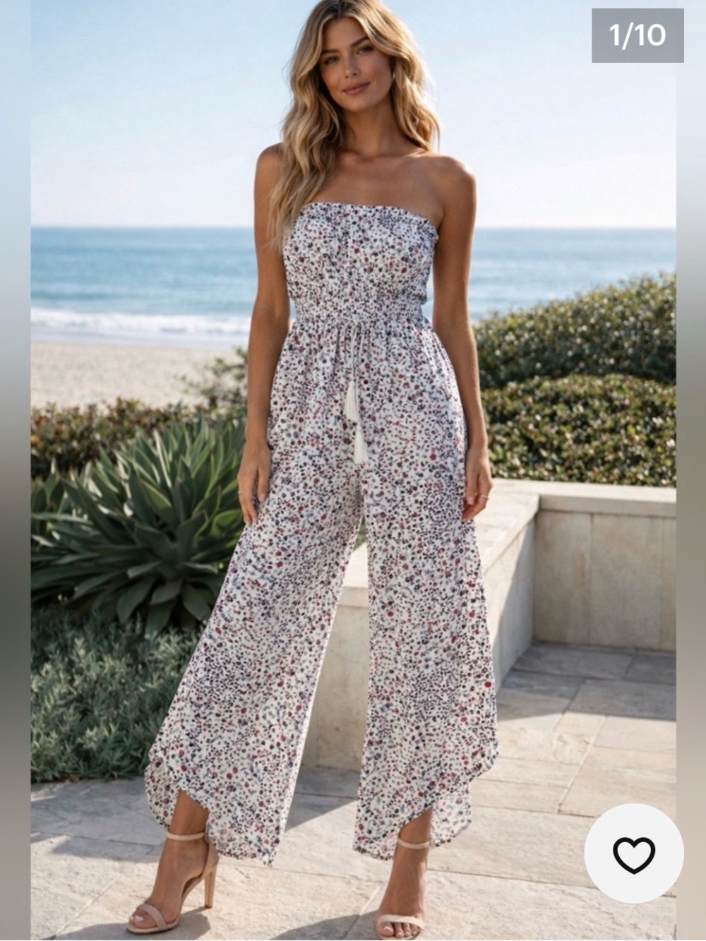 JAPNA Strapless Floral Wide-Leg Jumpsuit - White/BLUE